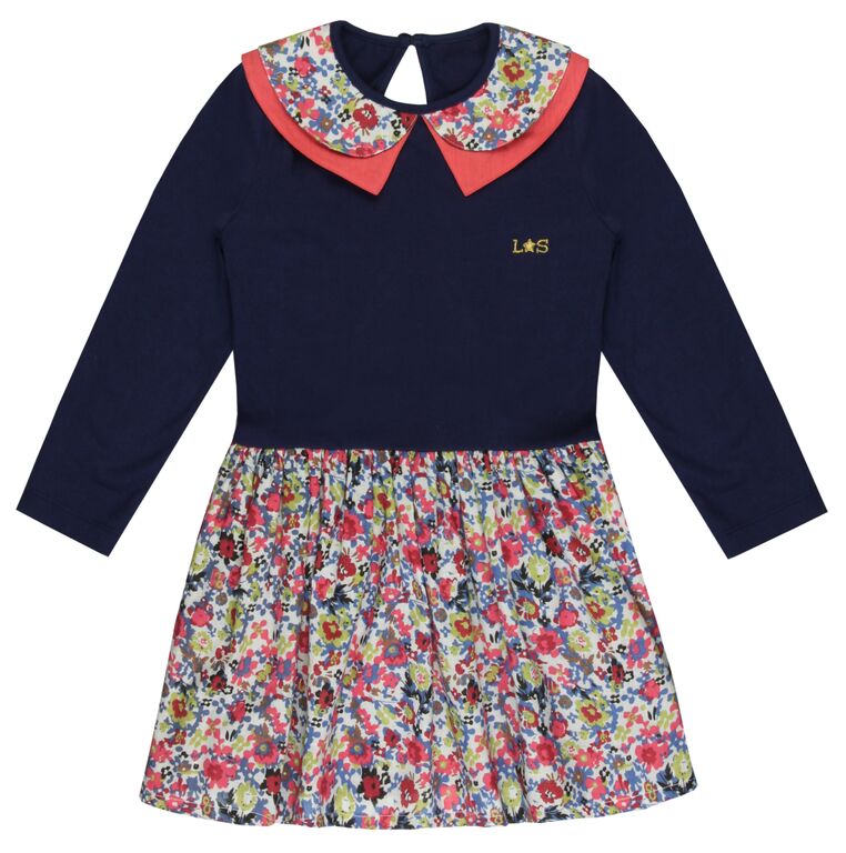 lilly and sid girls  navy and floral dress with collar