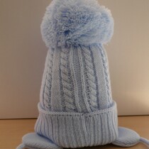 Blue Cable Knit hat with Large Pom Pom
