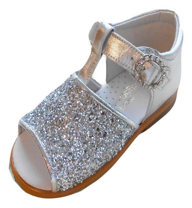 Pretty Originals Silver glitter leather sandals with diamante buckle ...