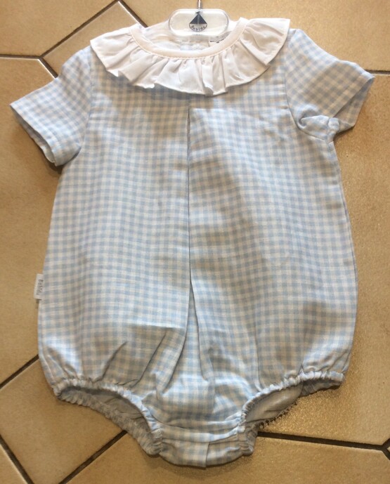 Babidu Blue Gingham Romper with White Frill Collar
