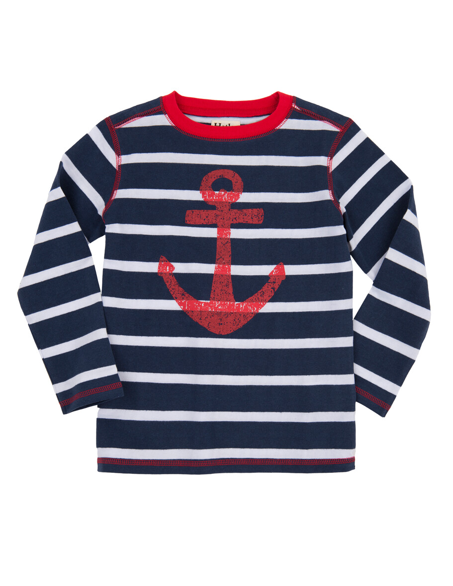 Hatley Navy & White Striped Tee with Large Red Anchor