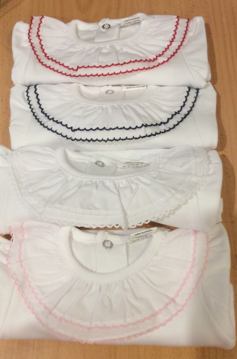 Beautiful Frill Collar Baby Vest / Body – All White Long Sleeve with Red detail