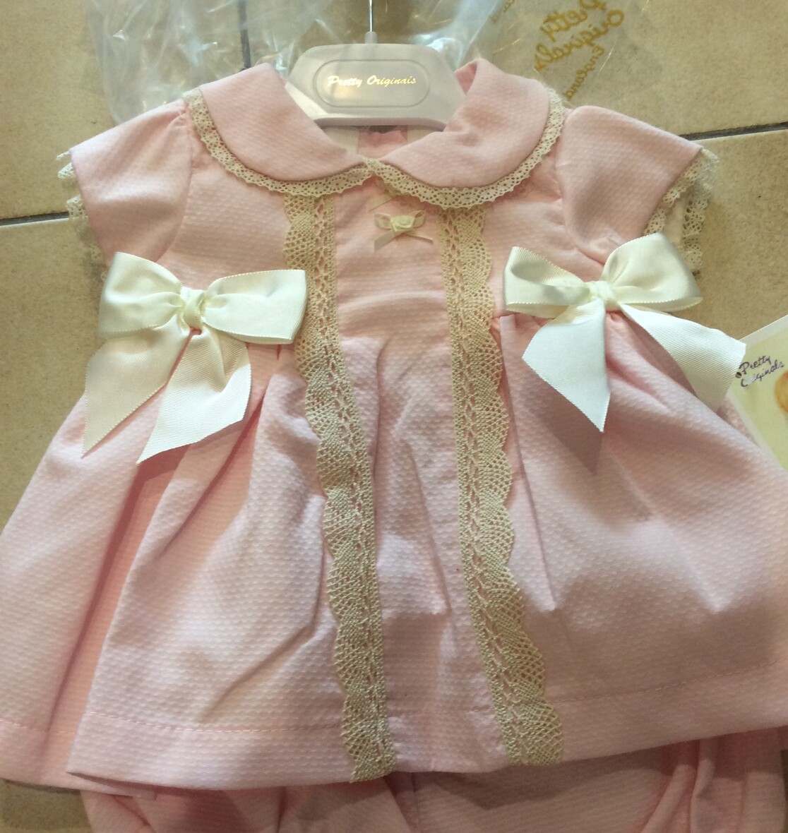 Pretty Originals Baby Girls Pink Dress with Cream Bows