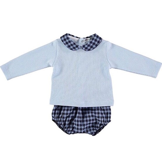 Babidu Baby 2 Piece Blue Check Set – Shorts and Peter Pan Collar Top