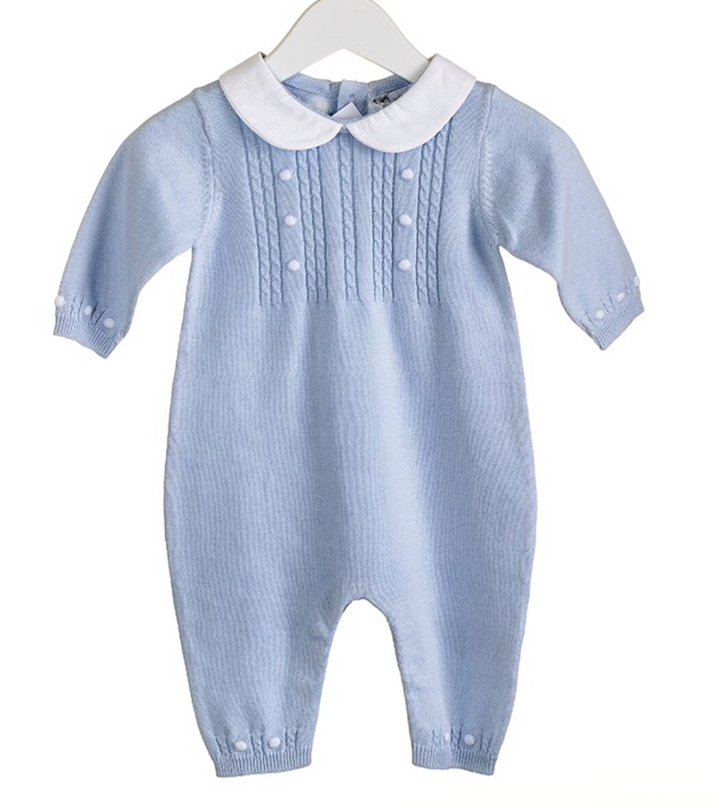 100% Cotton Knitted Blue Romper with Peter Pan collar