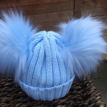 Double Pom Pom Faux Fur Hat – Blue