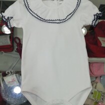 Beautiful Frill Collar Baby Vest / Body – All White Short Sleeve With Navy Trim