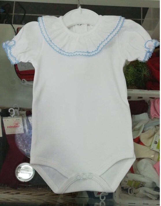 Beautiful Frill Collar Baby Vest / Body – All White Short Sleeve With Blue Trim