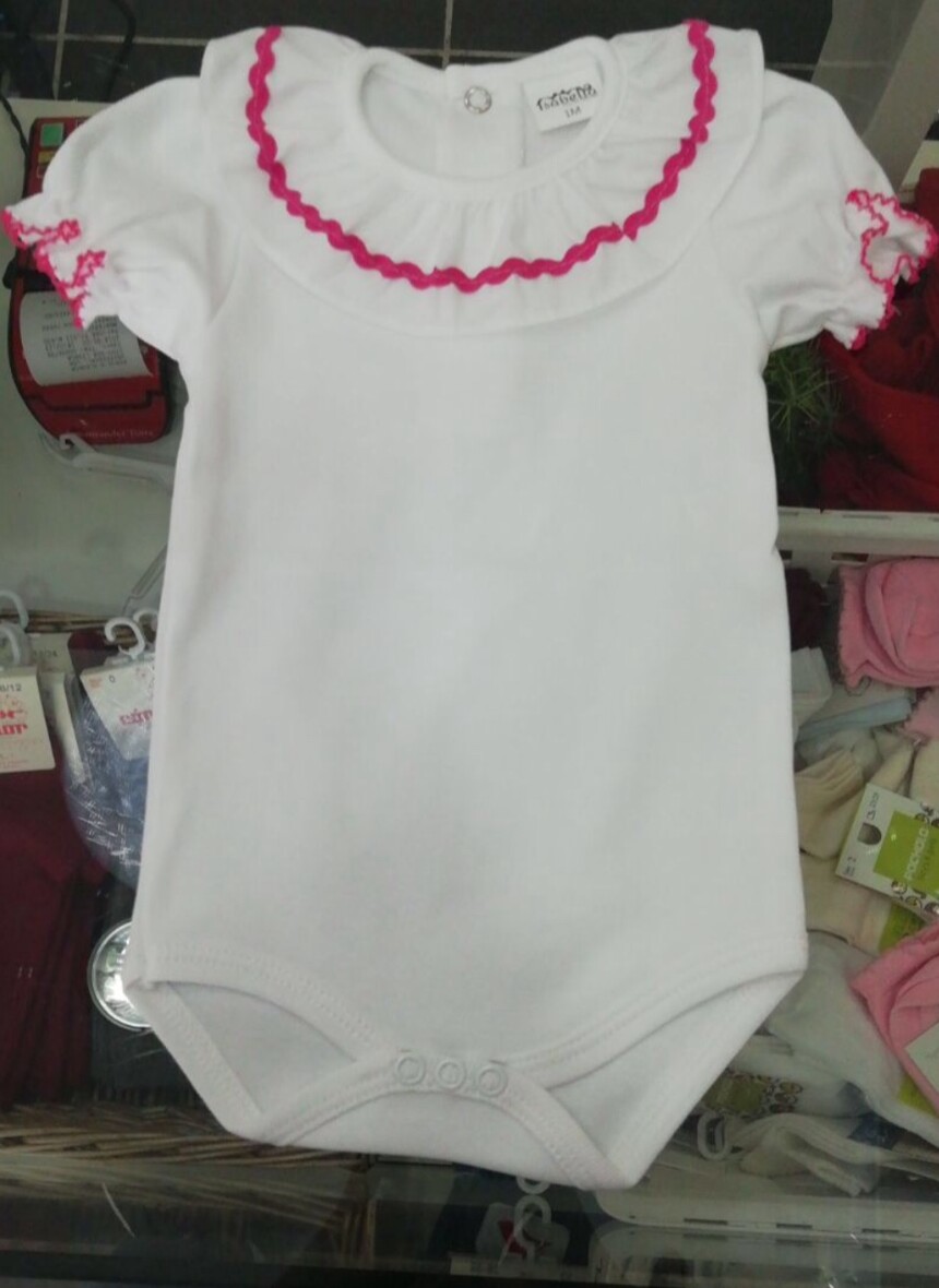 Beautiful Frill Collar Baby Vest / Body – All White Short Sleeve with Deep Pink Trim