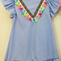 Girls Blue Striped Pom Pom Dress