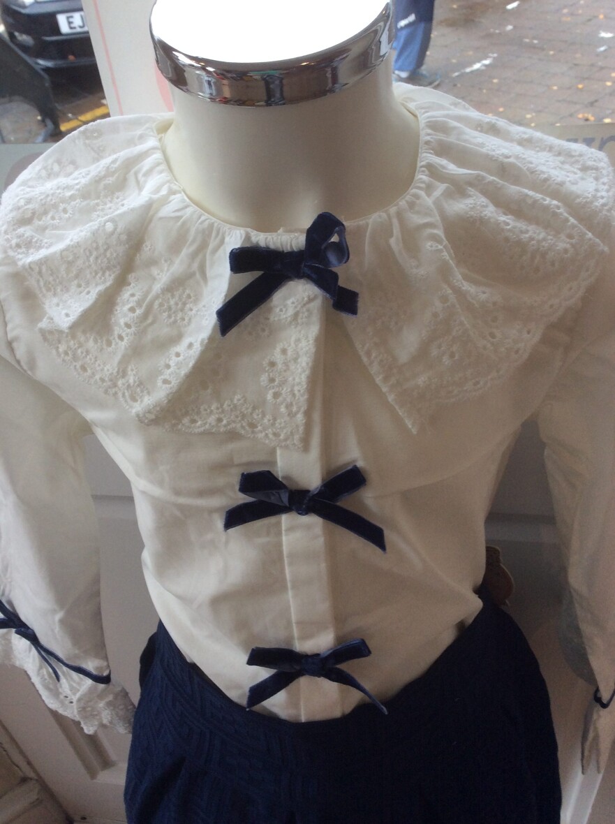 Newness Couture Winter Cream Frill Collar Blouse with Navy Detailing