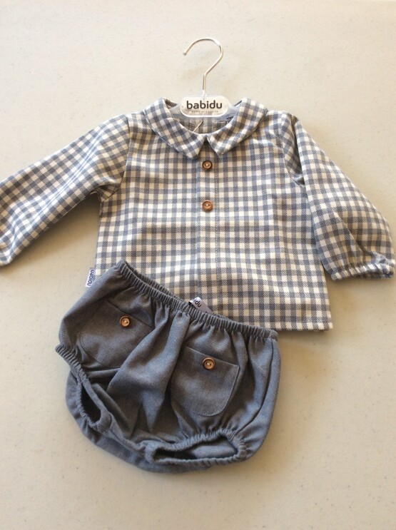 Babidu AW19 Baby Blueish Grey Check Shirt & Shorts Set
